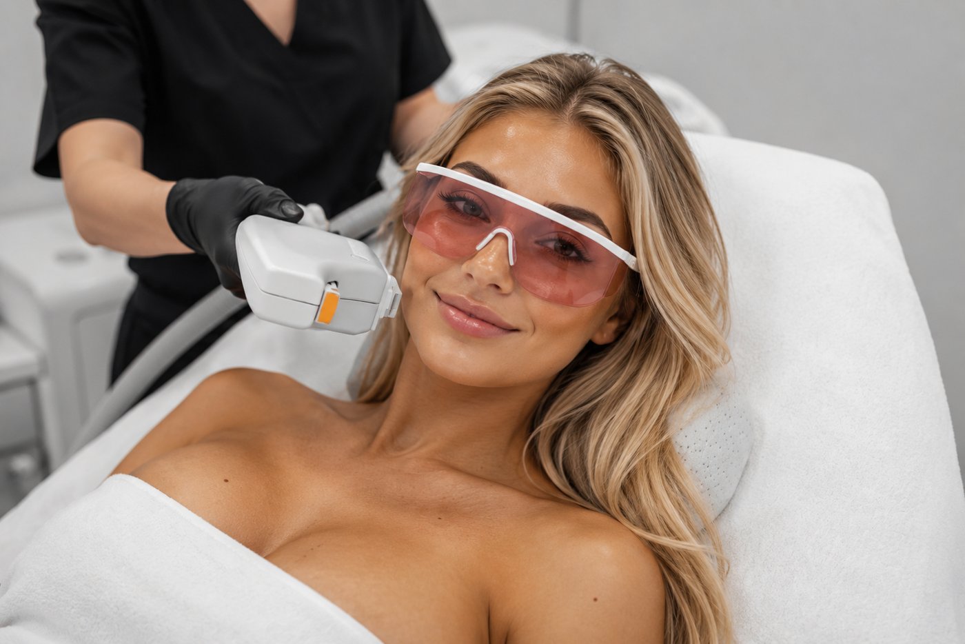 A certified laser procedure in progress, the client wearing wavelength-appropriate protective eyewear