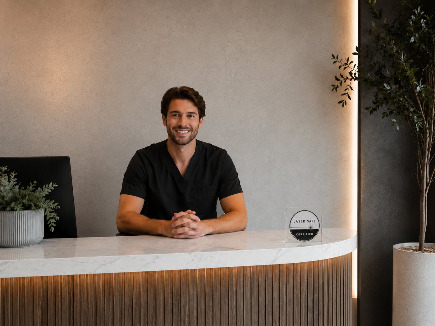 A certified provider at a reception desk displaying the Laser Safe Certified seal